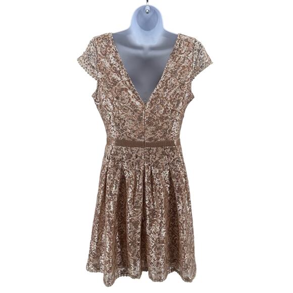 C. Luce Gold Champagne Sequin Mini Dress WMNS S Partywear V-neck Pleated Cap Sl - Picture 2 of 7